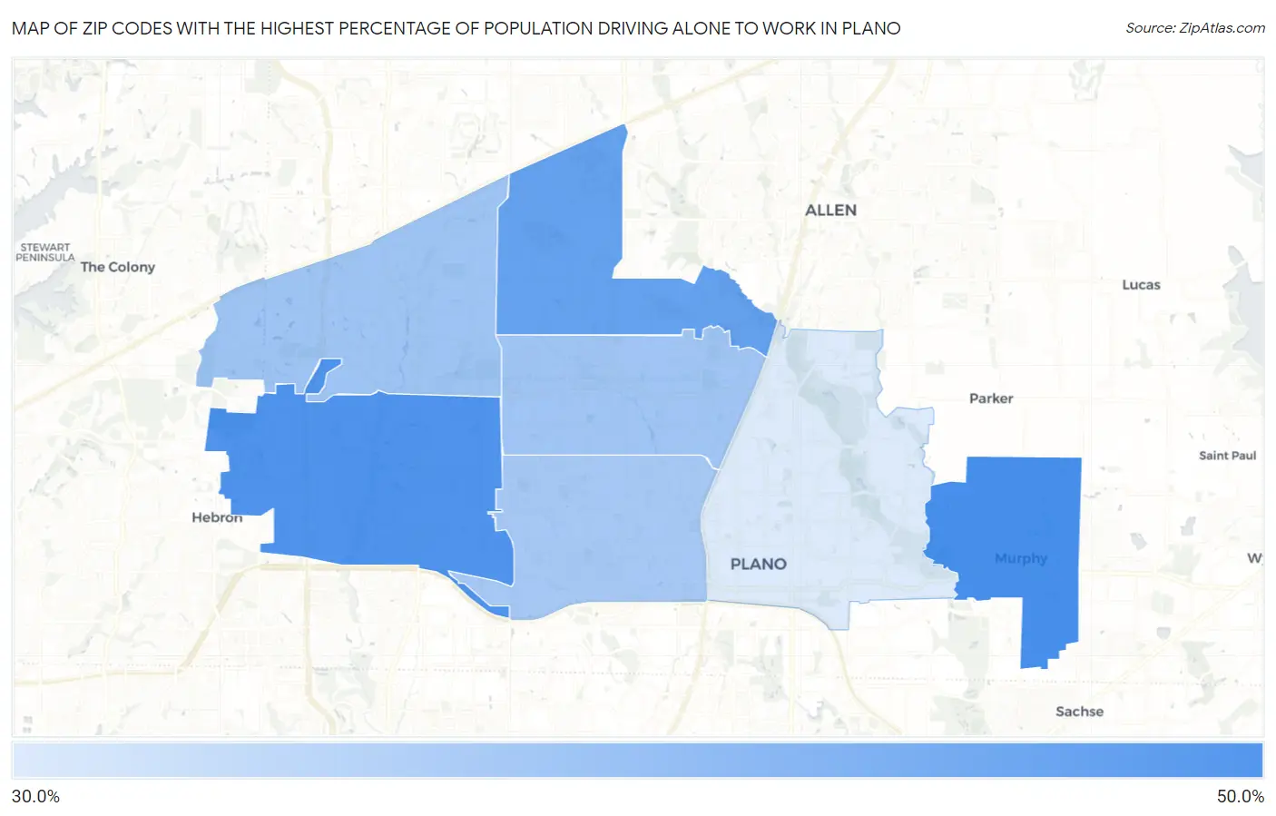 Zip Codes with the Highest Percentage of Population Driving Alone to Work in Plano Map