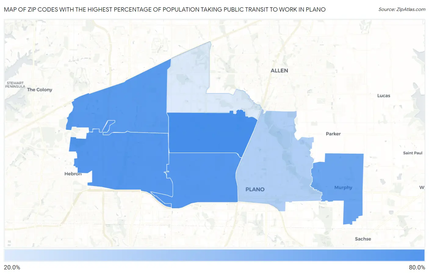 Zip Codes with the Highest Percentage of Population Taking Public Transit to Work in Plano Map
