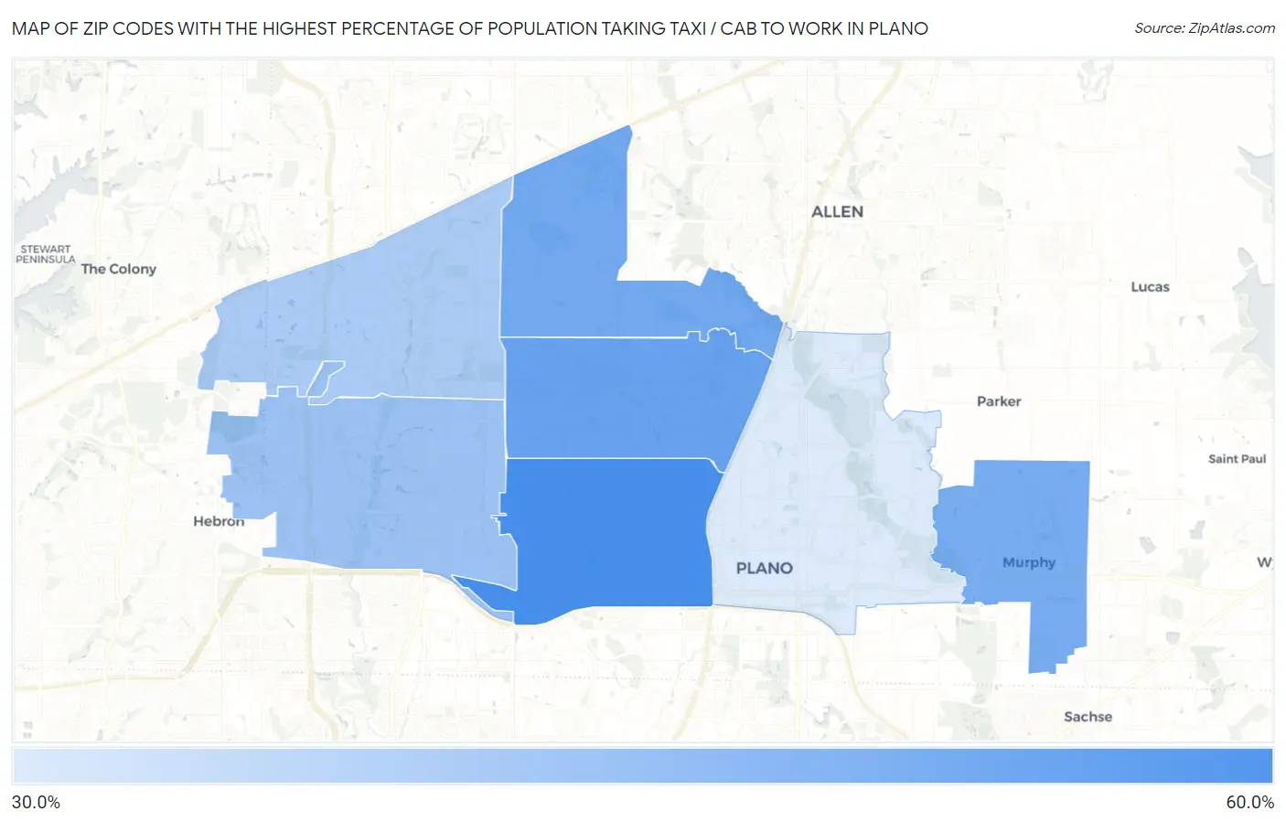 Zip Codes with the Highest Percentage of Population Taking Taxi / Cab to Work in Plano Map