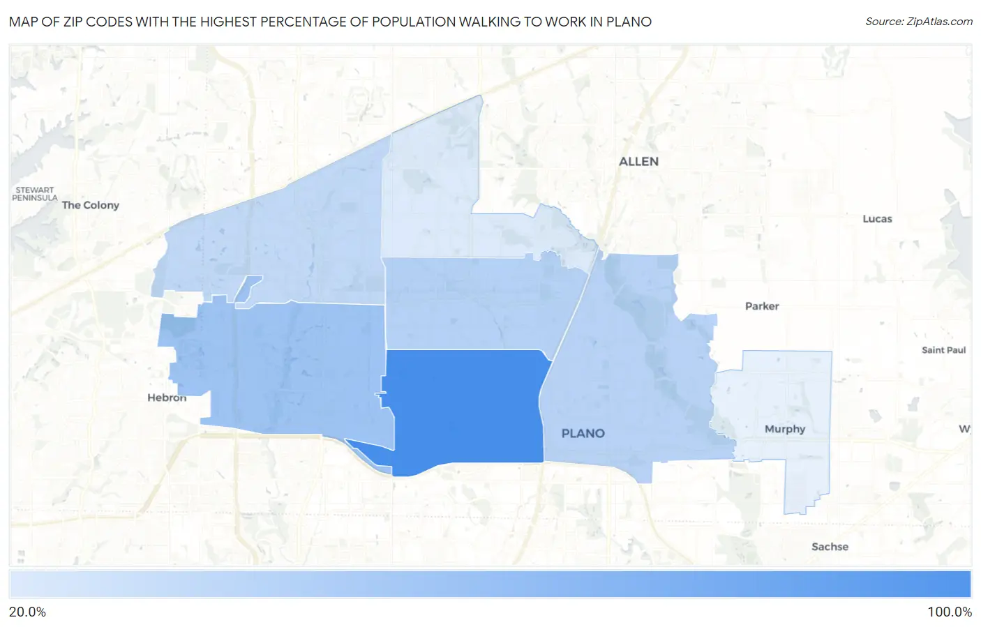 Zip Codes with the Highest Percentage of Population Walking to Work in Plano Map