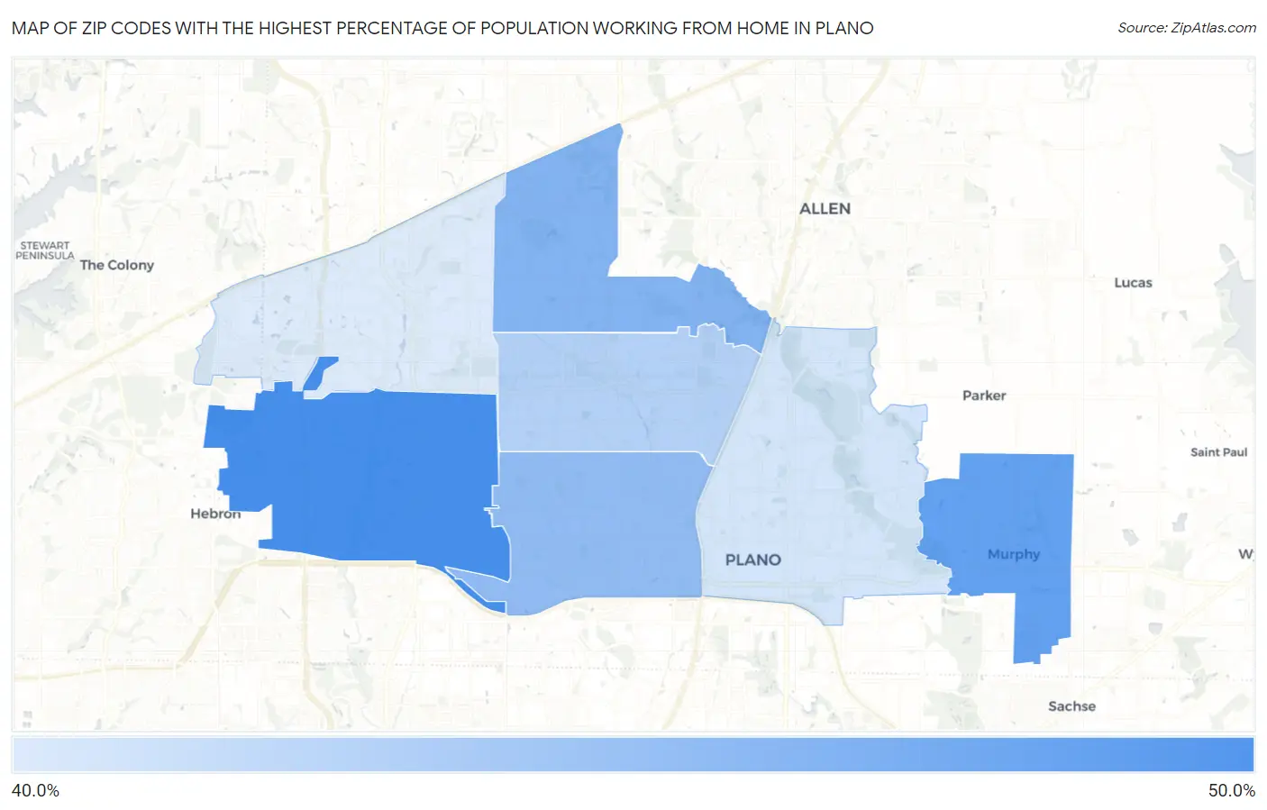 Zip Codes with the Highest Percentage of Population Working from Home in Plano Map