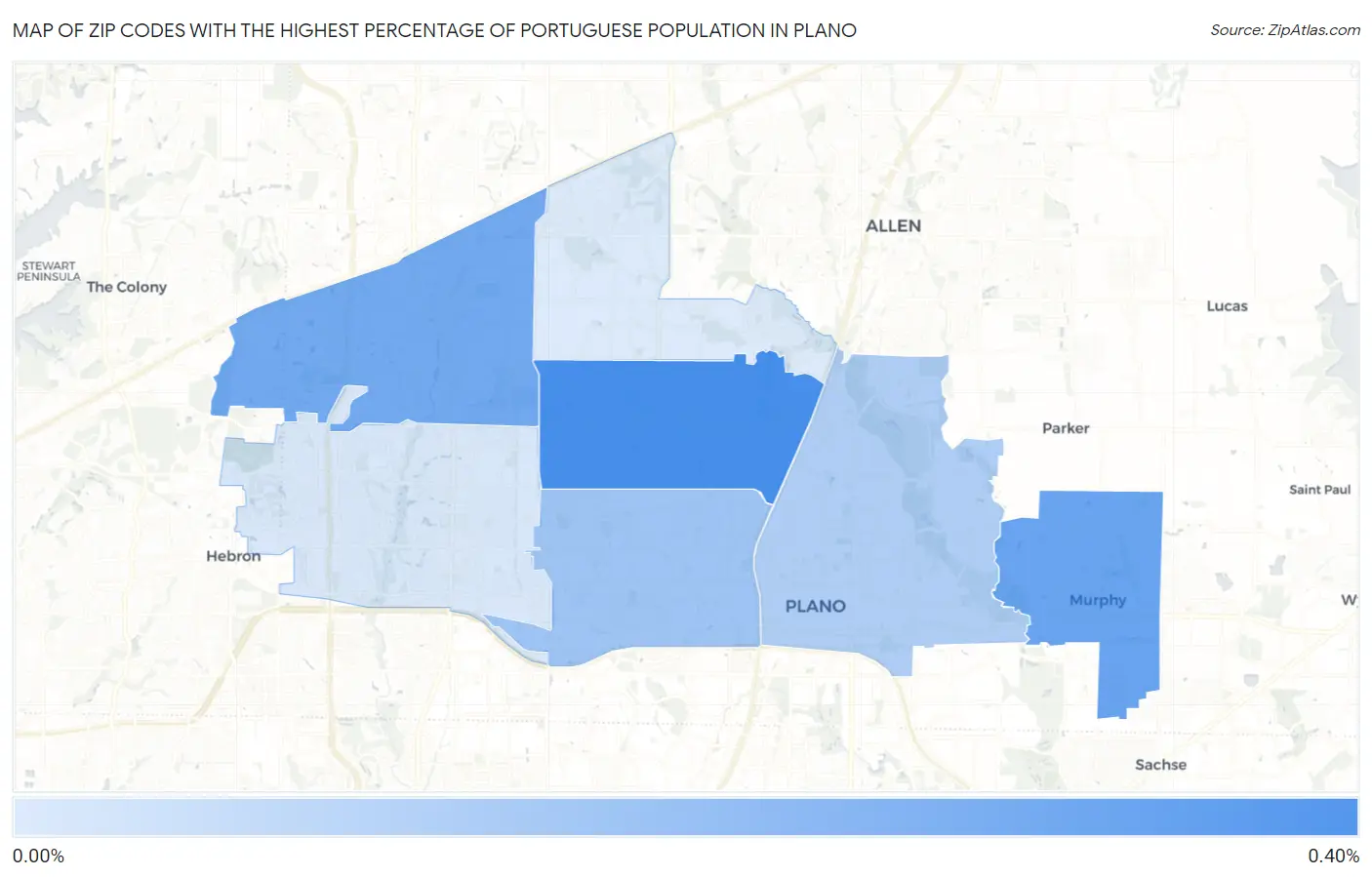 Zip Codes with the Highest Percentage of Portuguese Population in Plano Map