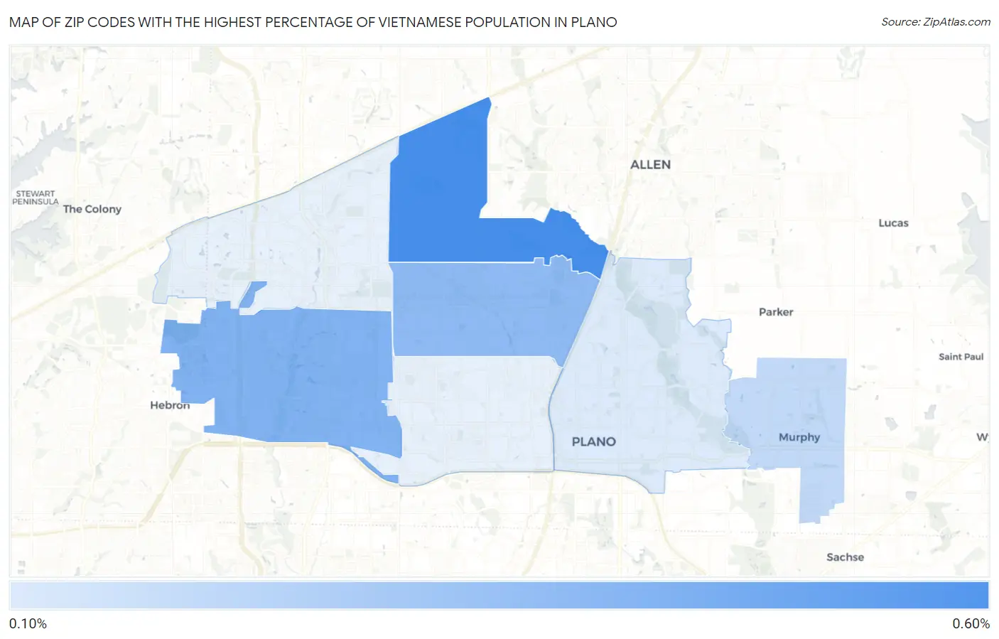 Zip Codes with the Highest Percentage of Vietnamese Population in Plano Map