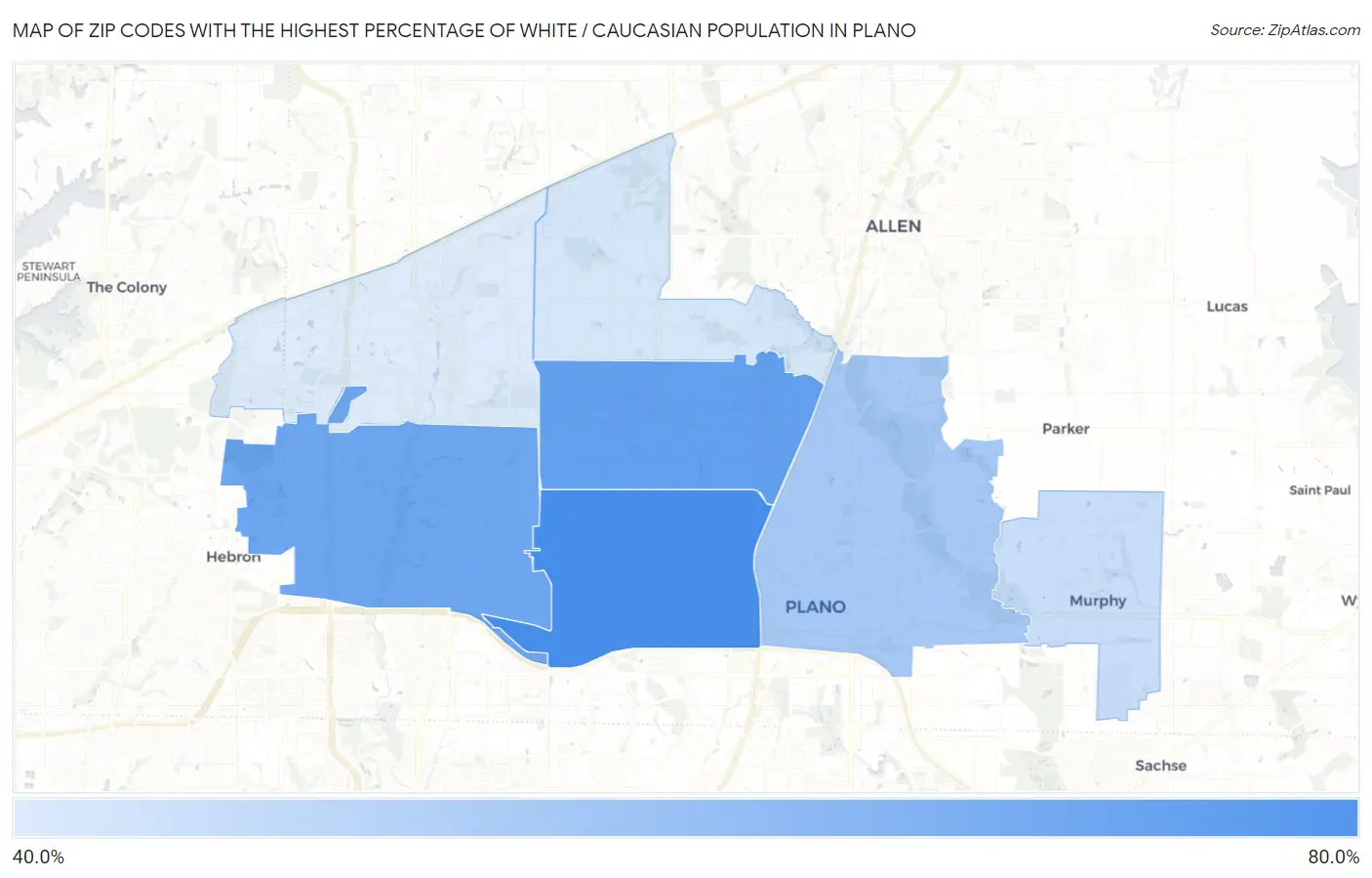 Zip Codes with the Highest Percentage of White / Caucasian Population in Plano Map