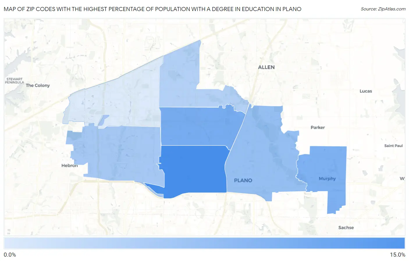 Zip Codes with the Highest Percentage of Population with a Degree in Education in Plano Map