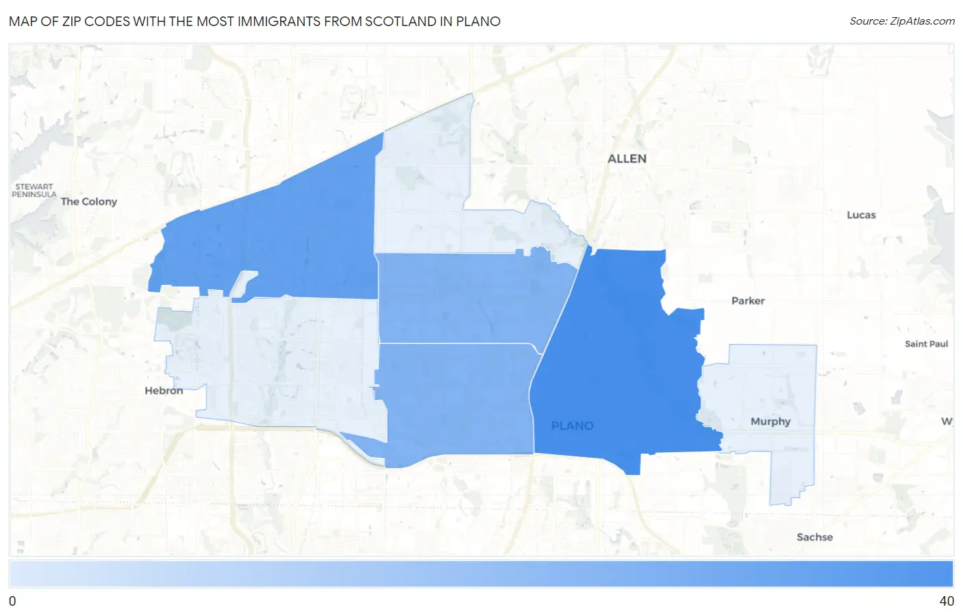 Zip Codes with the Most Immigrants from Scotland in Plano Map