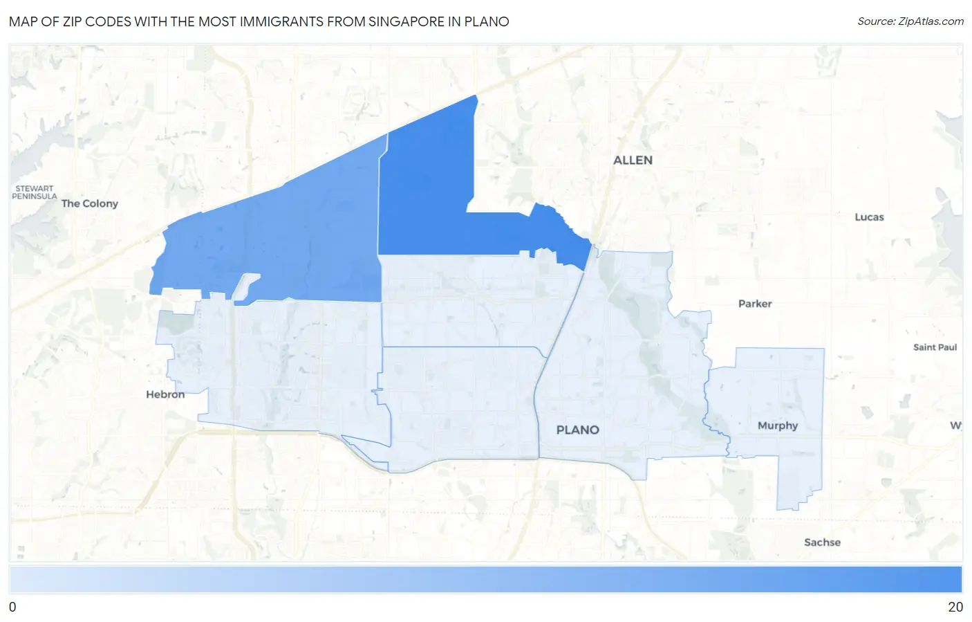 Zip Codes with the Most Immigrants from Singapore in Plano Map