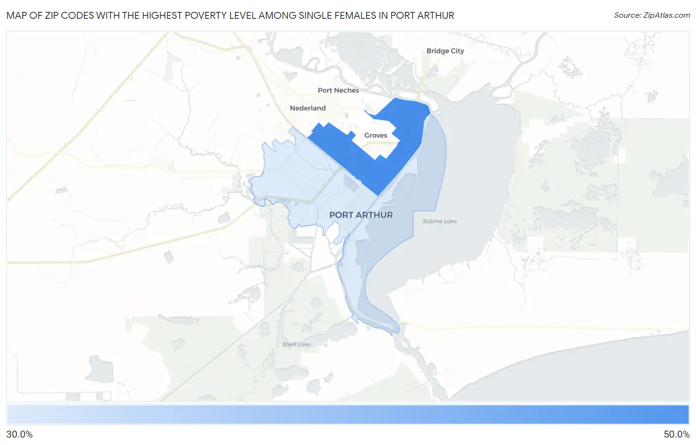 Zip Codes with the Highest Poverty Level Among Single Females in Port Arthur Map