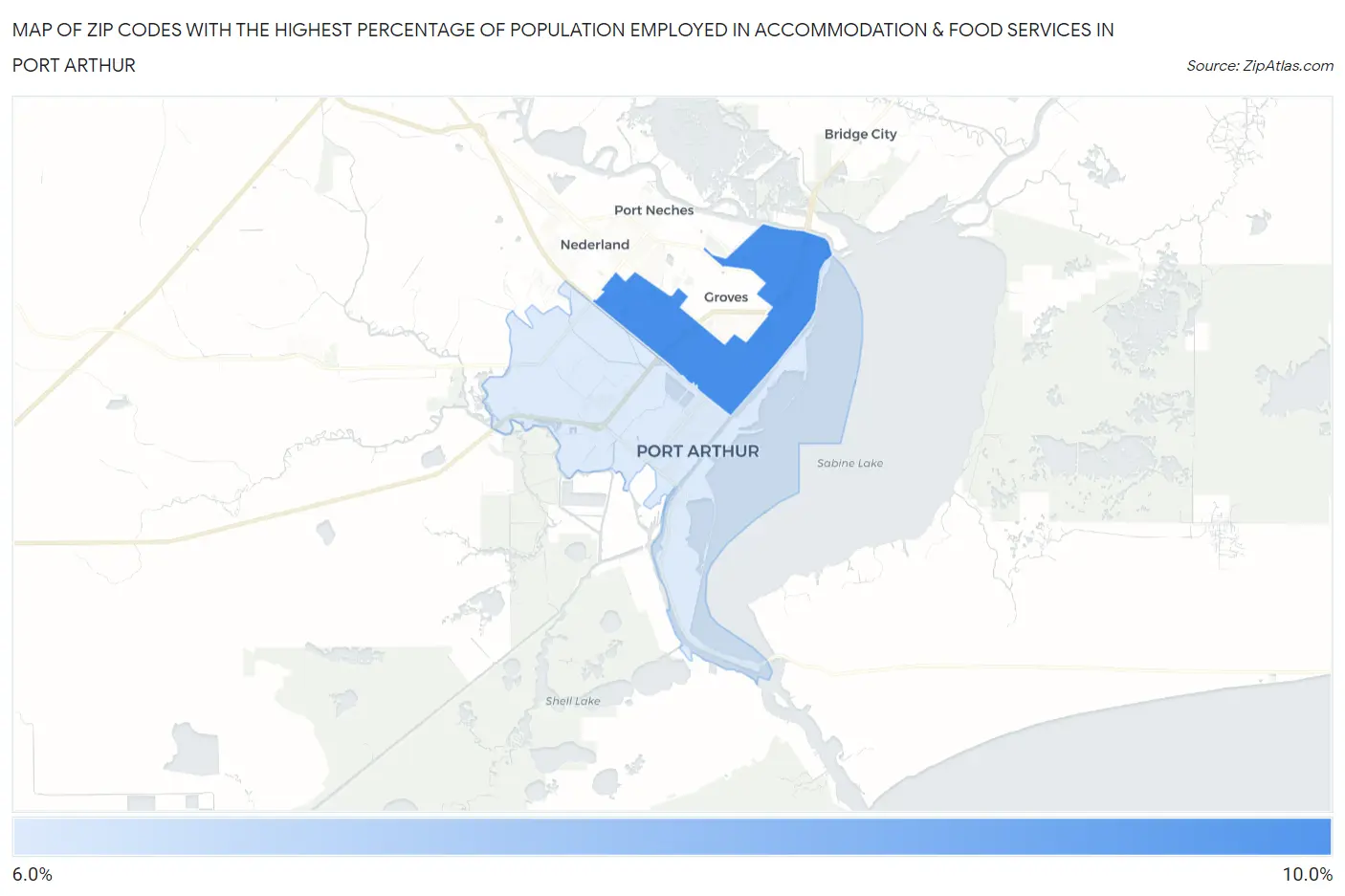 Zip Codes with the Highest Percentage of Population Employed in Accommodation & Food Services in Port Arthur Map