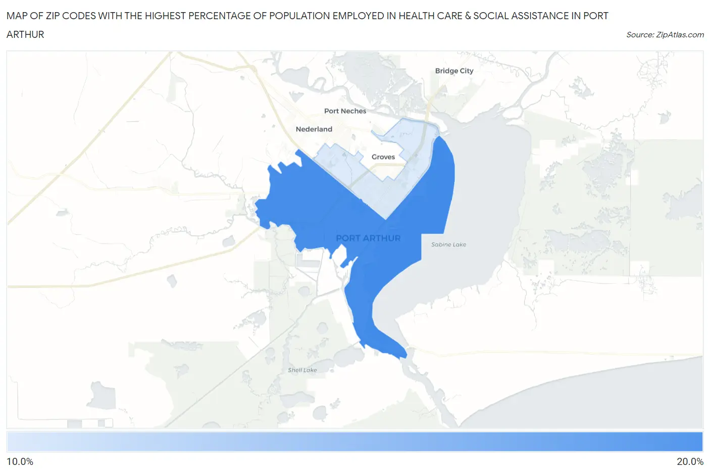 Zip Codes with the Highest Percentage of Population Employed in Health Care & Social Assistance in Port Arthur Map