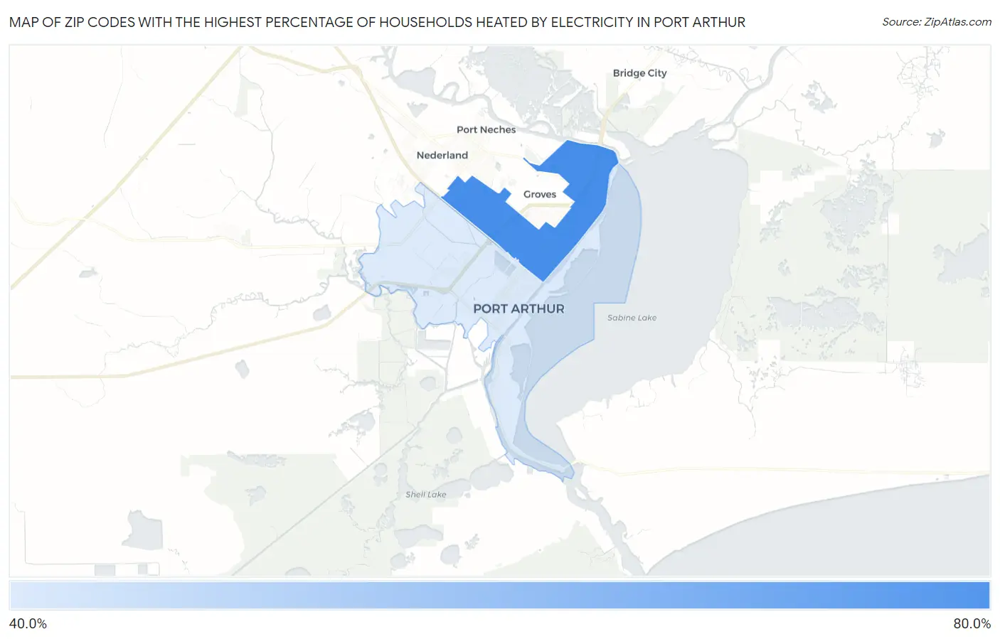 Zip Codes with the Highest Percentage of Households Heated by Electricity in Port Arthur Map