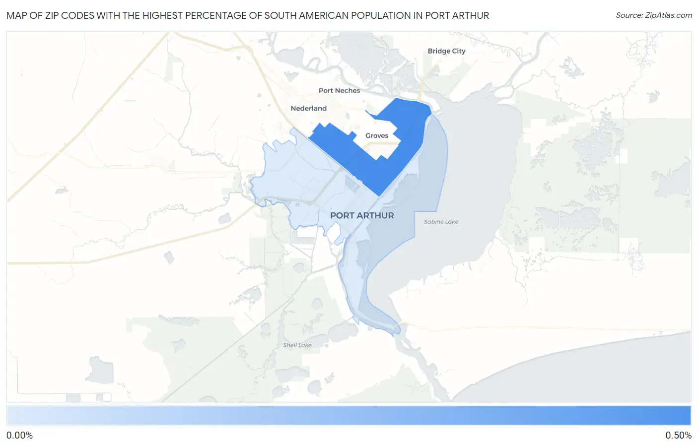 Zip Codes with the Highest Percentage of South American Population in Port Arthur Map