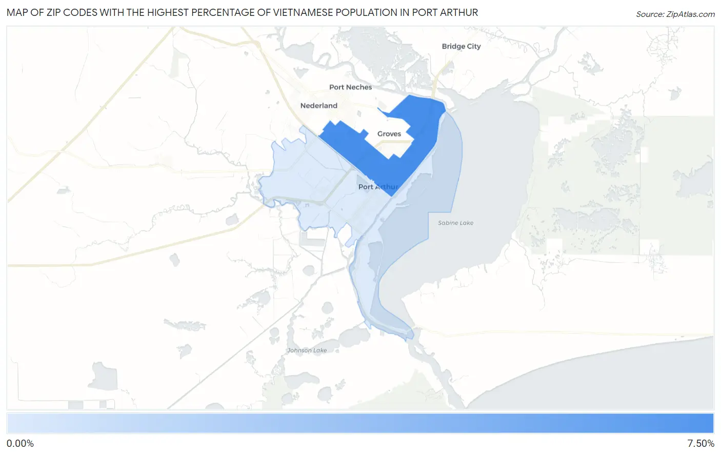 Zip Codes with the Highest Percentage of Vietnamese Population in Port Arthur Map