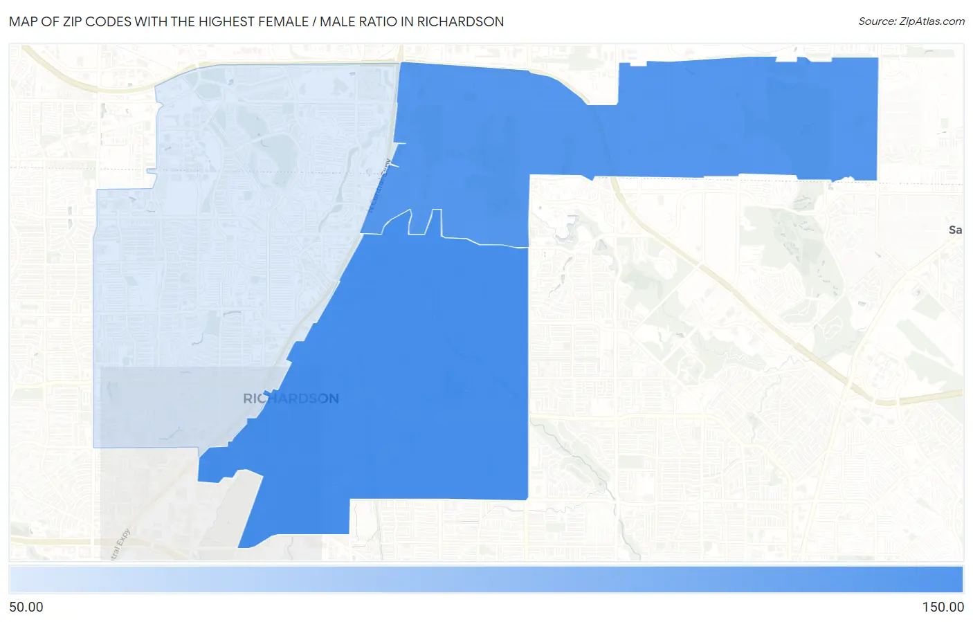 Zip Codes with the Highest Female / Male Ratio in Richardson Map
