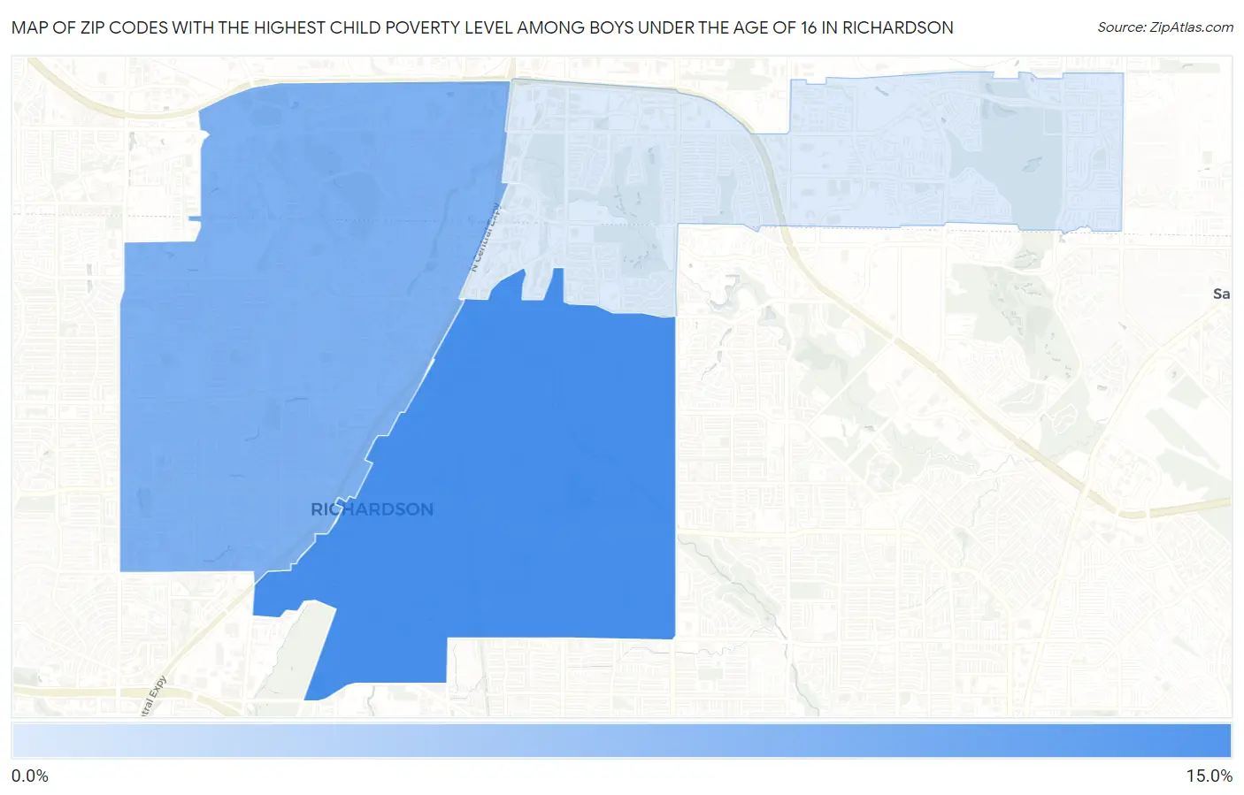 Zip Codes with the Highest Child Poverty Level Among Boys Under the Age of 16 in Richardson Map