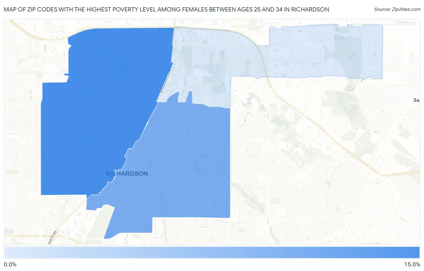 Zip Codes with the Highest Poverty Level Among Females Between Ages 25 and 34 in Richardson Map