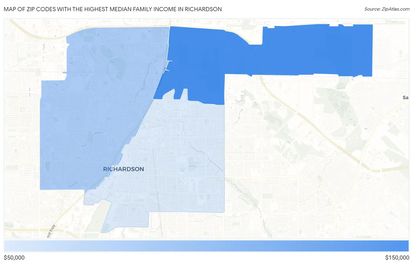 Zip Codes with the Highest Median Family Income in Richardson Map