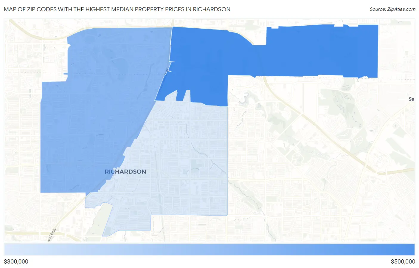 Zip Codes with the Highest Median Property Prices in Richardson Map