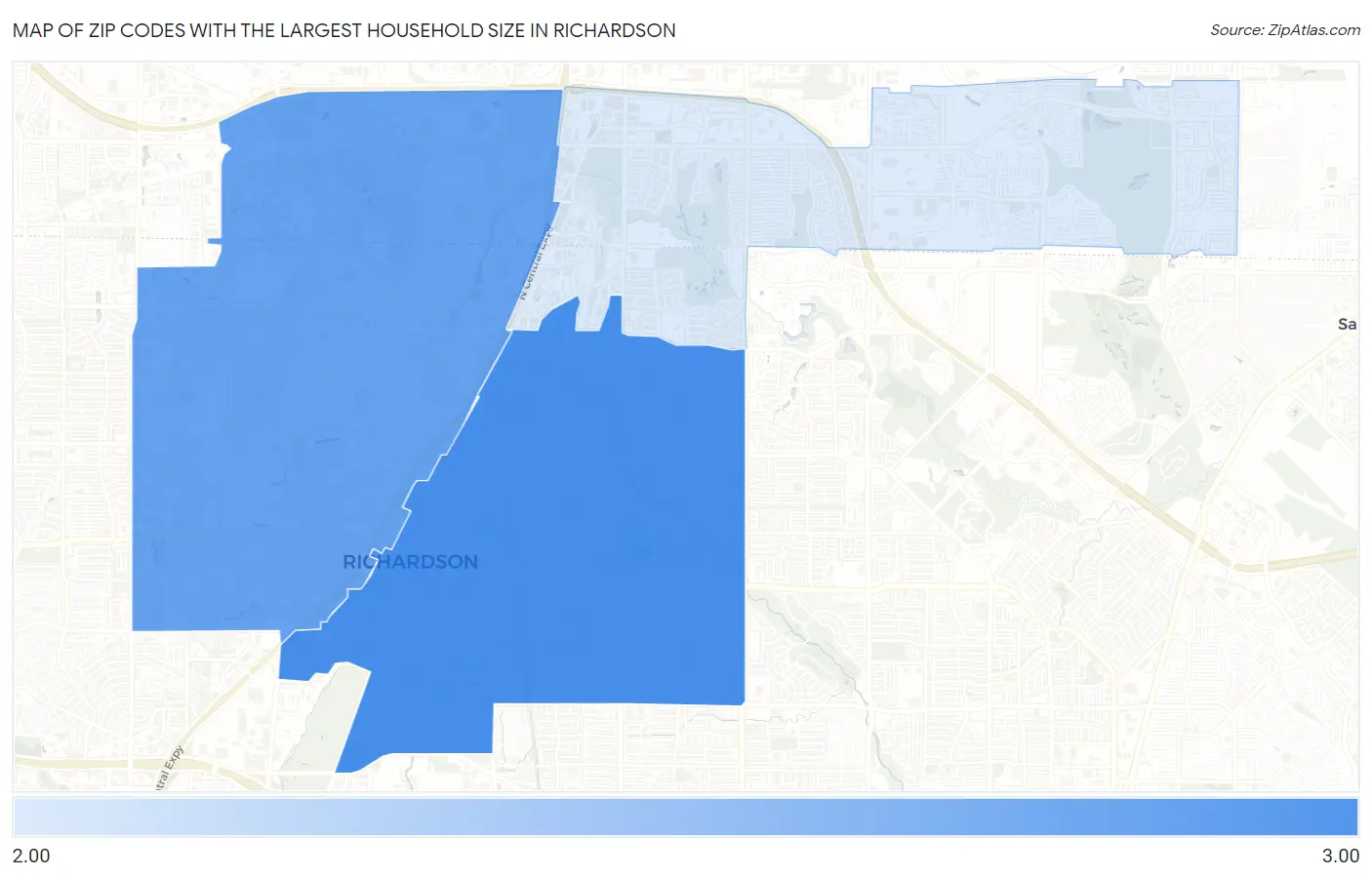Zip Codes with the Largest Household Size in Richardson Map