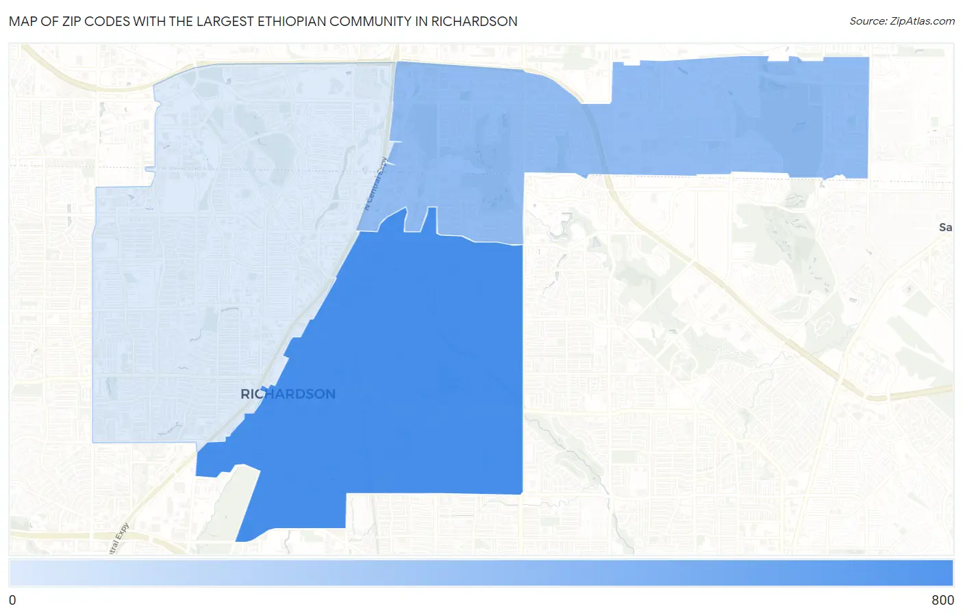 Zip Codes with the Largest Ethiopian Community in Richardson Map