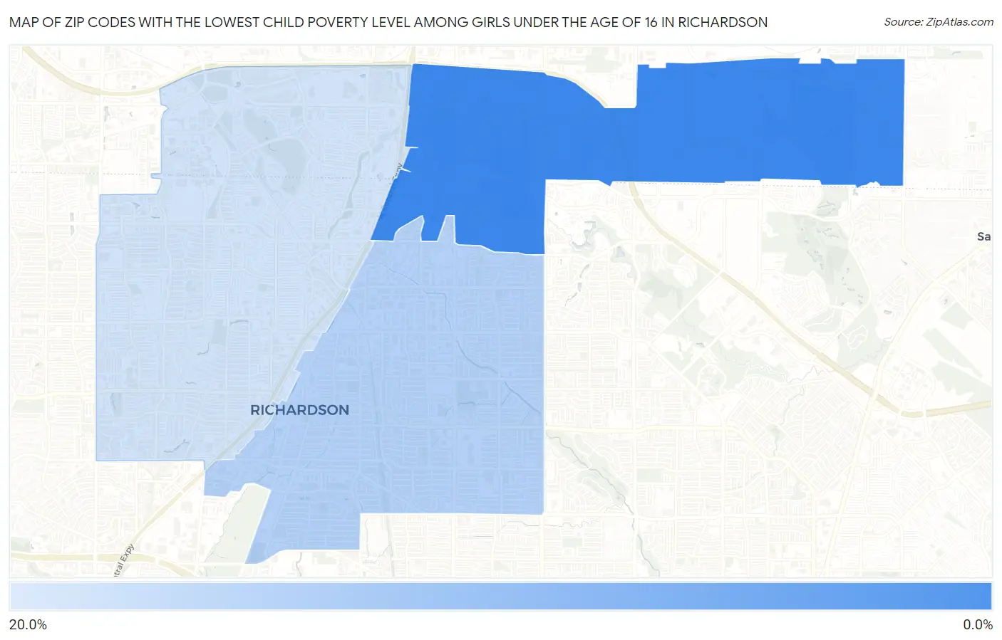 Zip Codes with the Lowest Child Poverty Level Among Girls Under the Age of 16 in Richardson Map