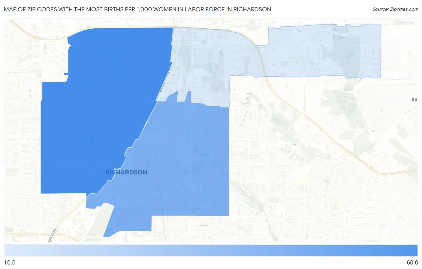 Zip Codes with the Most Births per 1,000 Women in Labor Force in Richardson Map