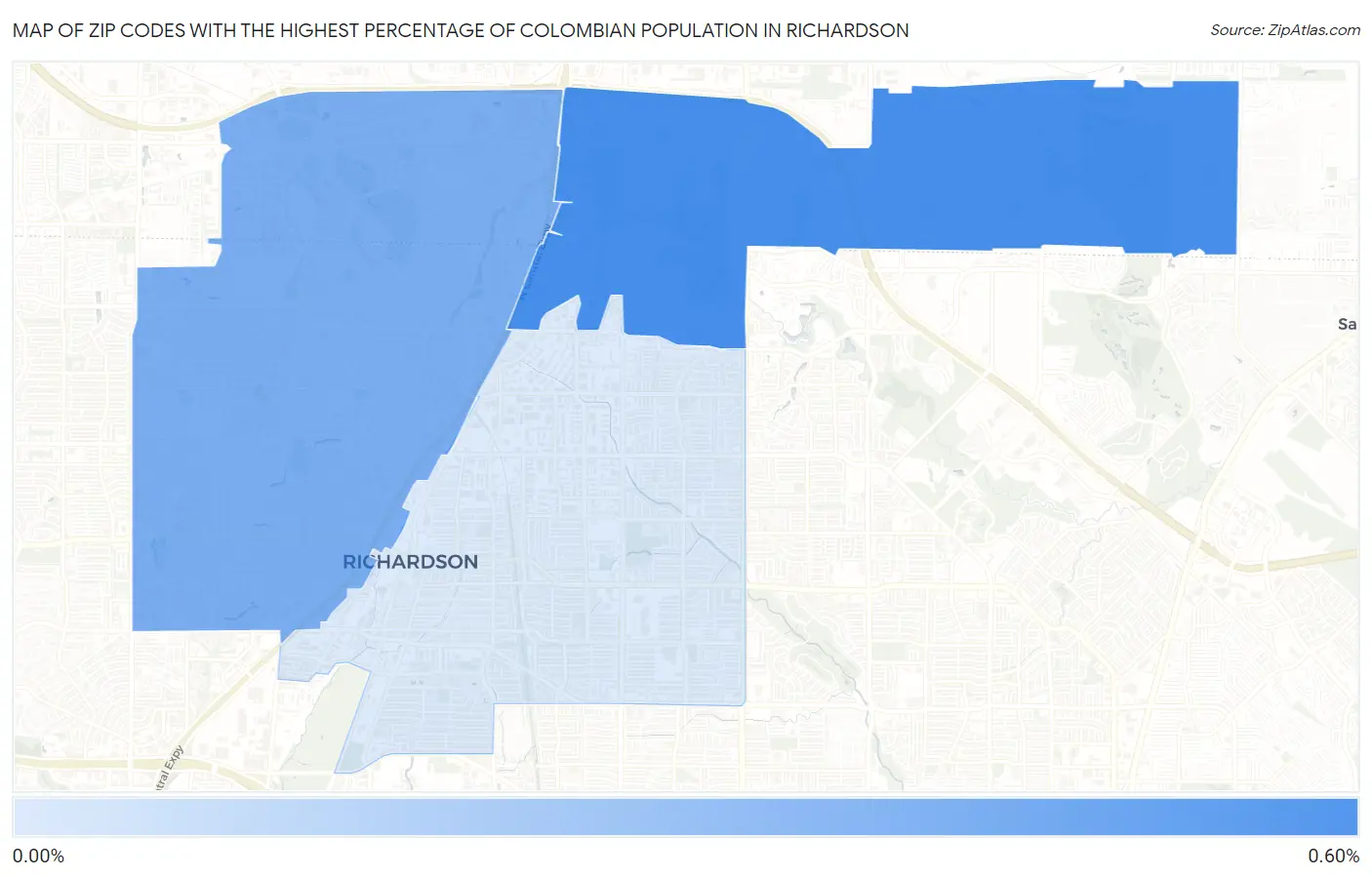 Zip Codes with the Highest Percentage of Colombian Population in Richardson Map