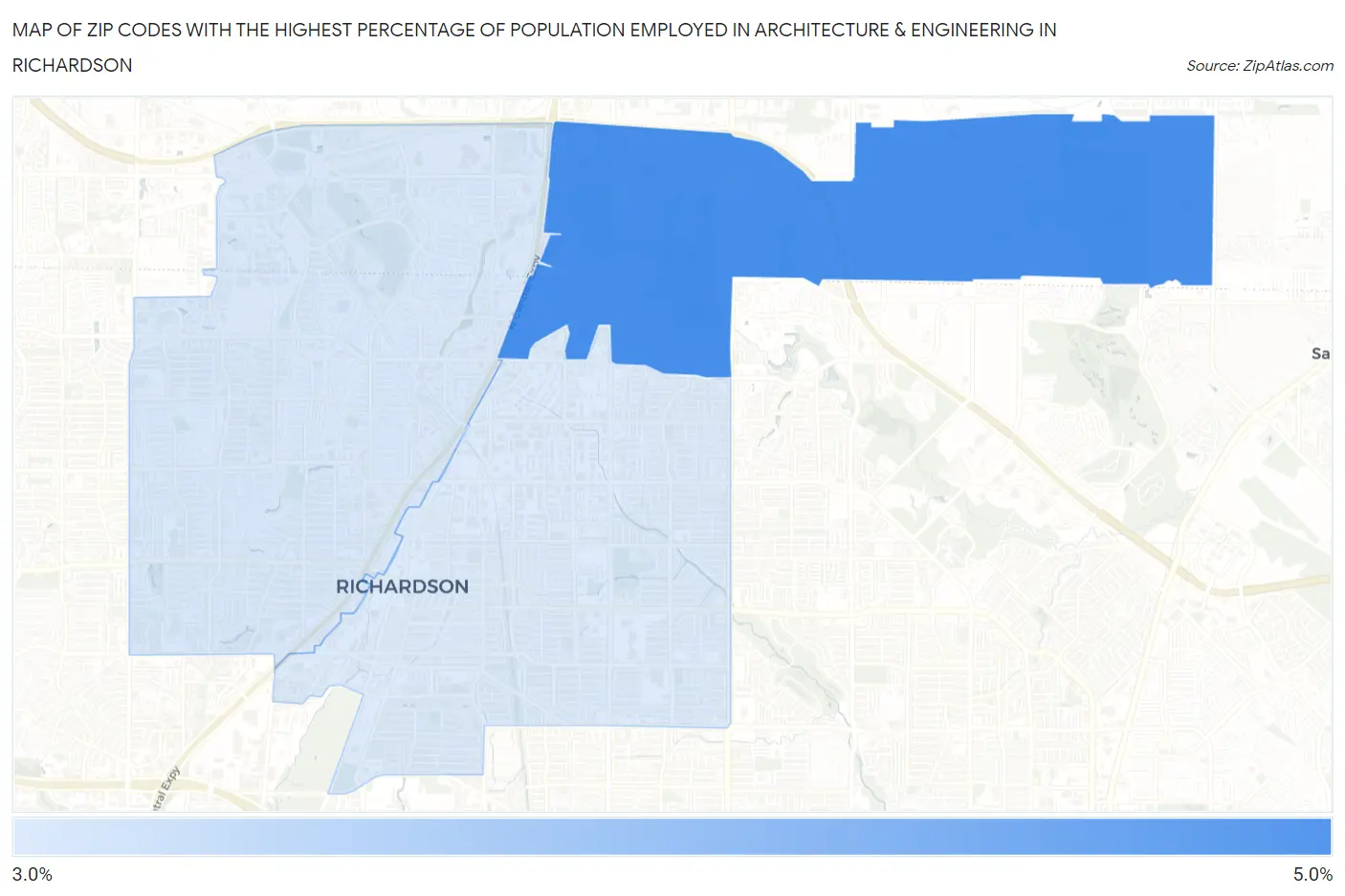 Zip Codes with the Highest Percentage of Population Employed in Architecture & Engineering in Richardson Map