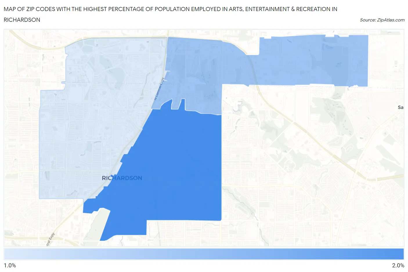 Zip Codes with the Highest Percentage of Population Employed in Arts, Entertainment & Recreation in Richardson Map