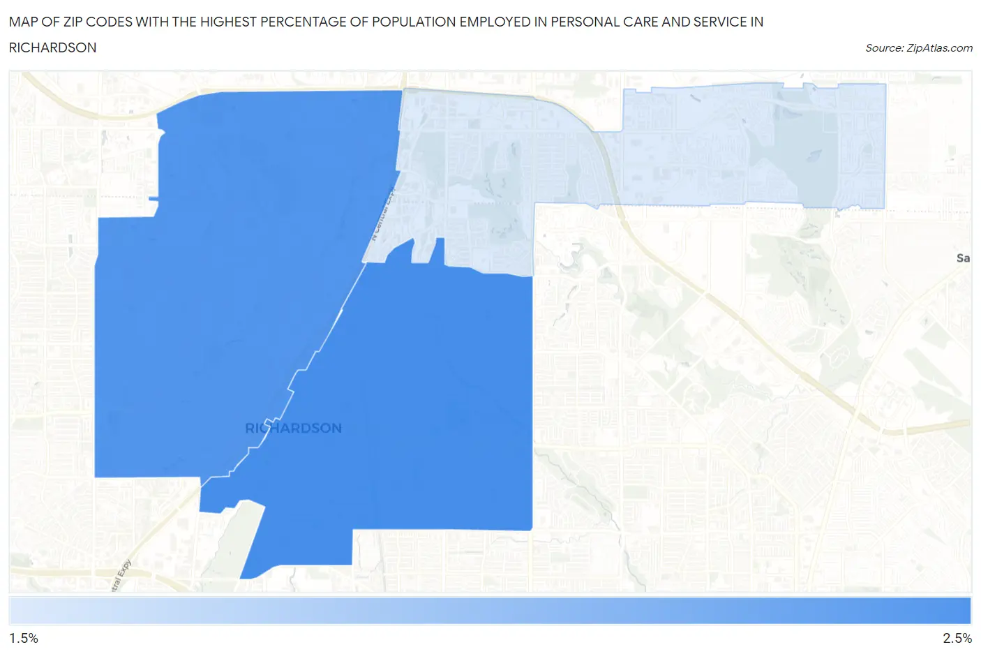 Zip Codes with the Highest Percentage of Population Employed in Personal Care and Service in Richardson Map