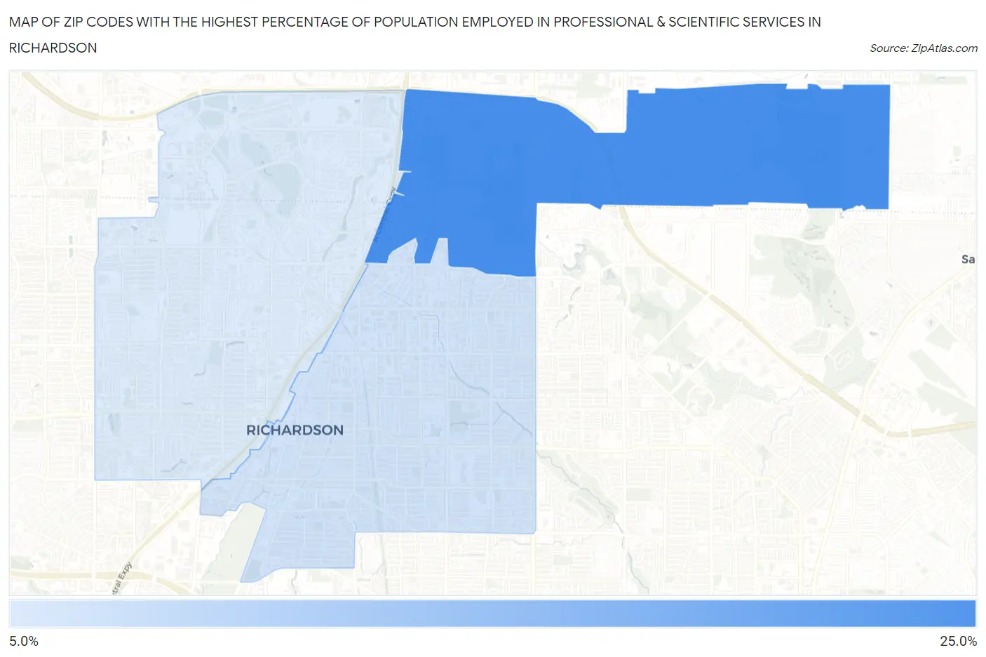 Zip Codes with the Highest Percentage of Population Employed in Professional & Scientific Services in Richardson Map