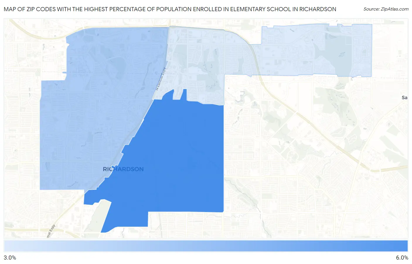 Zip Codes with the Highest Percentage of Population Enrolled in Elementary School in Richardson Map