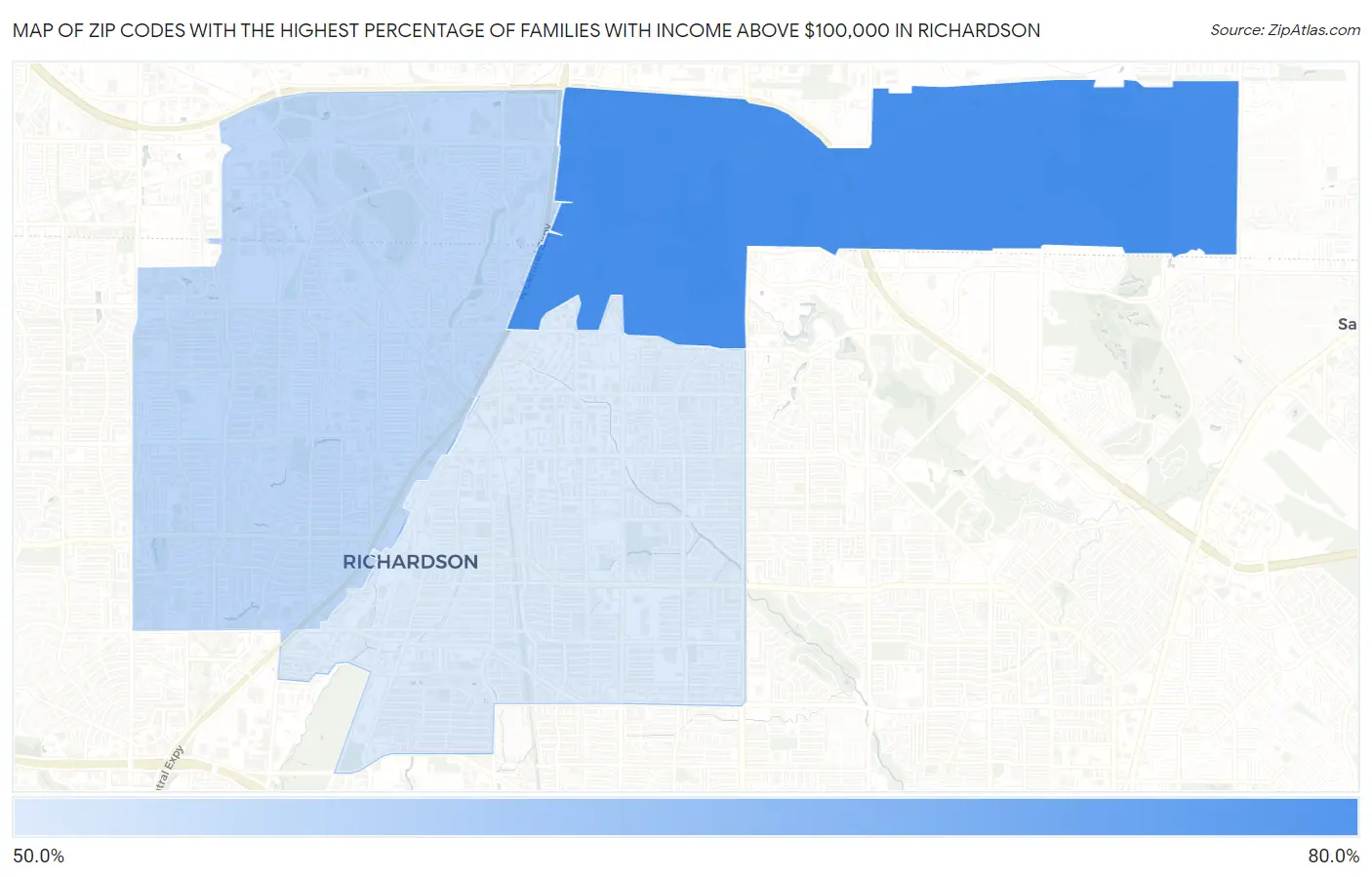 Zip Codes with the Highest Percentage of Families with Income Above $100,000 in Richardson Map