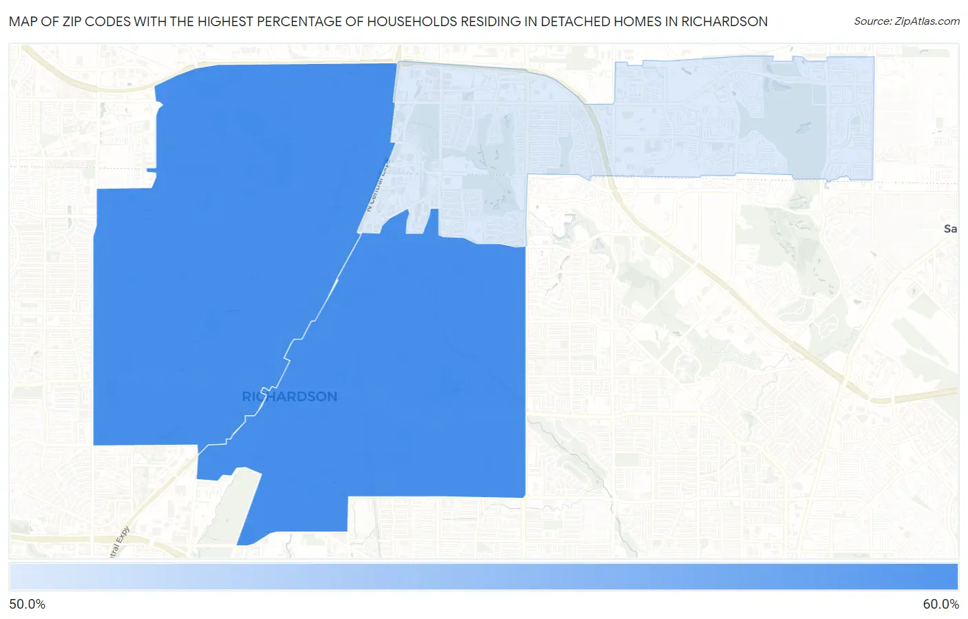 Zip Codes with the Highest Percentage of Households Residing in Detached Homes in Richardson Map