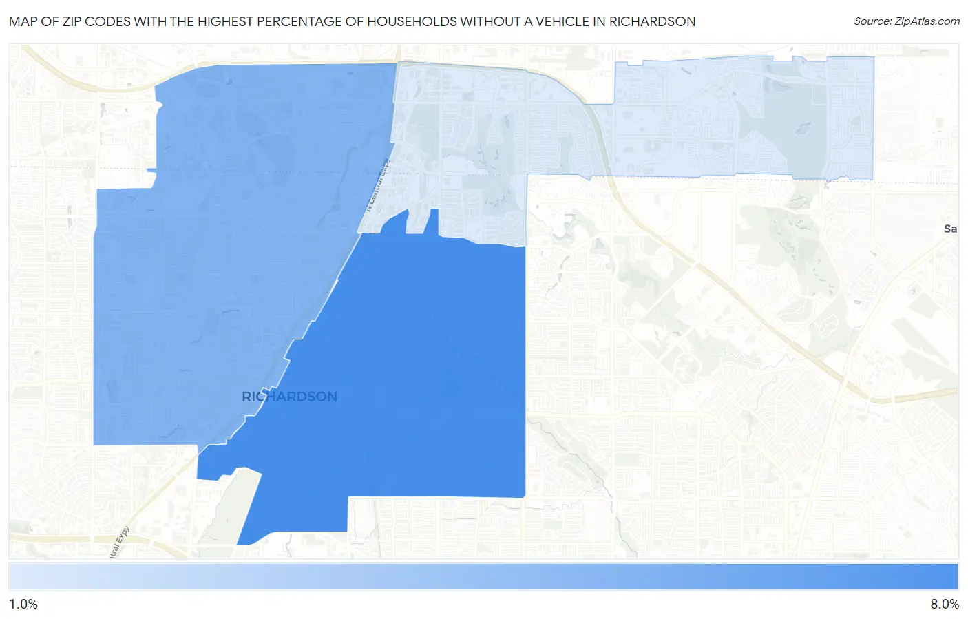 Zip Codes with the Highest Percentage of Households Without a Vehicle in Richardson Map