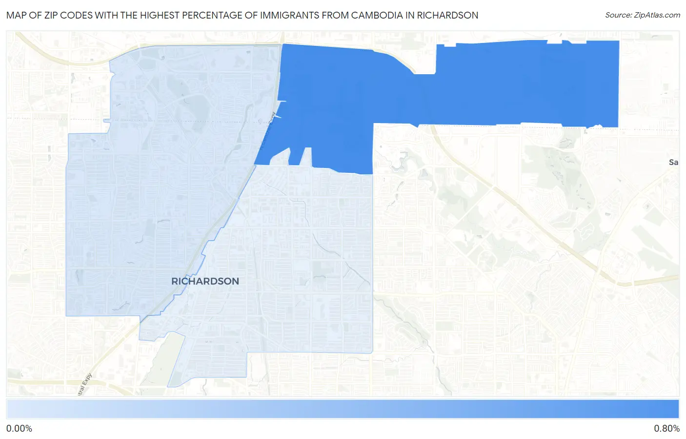 Zip Codes with the Highest Percentage of Immigrants from Cambodia in Richardson Map