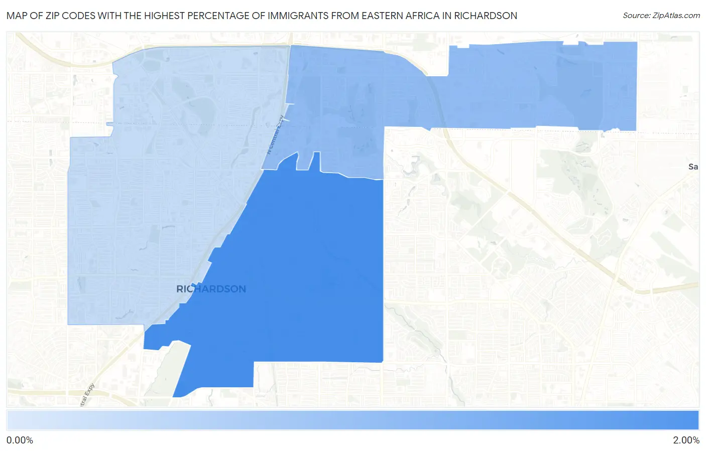 Zip Codes with the Highest Percentage of Immigrants from Eastern Africa in Richardson Map