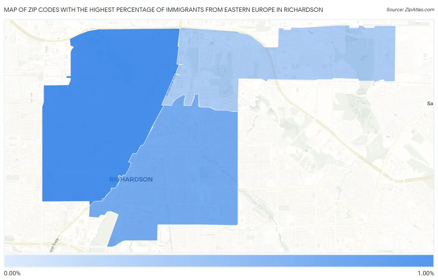 Zip Codes with the Highest Percentage of Immigrants from Eastern Europe in Richardson Map