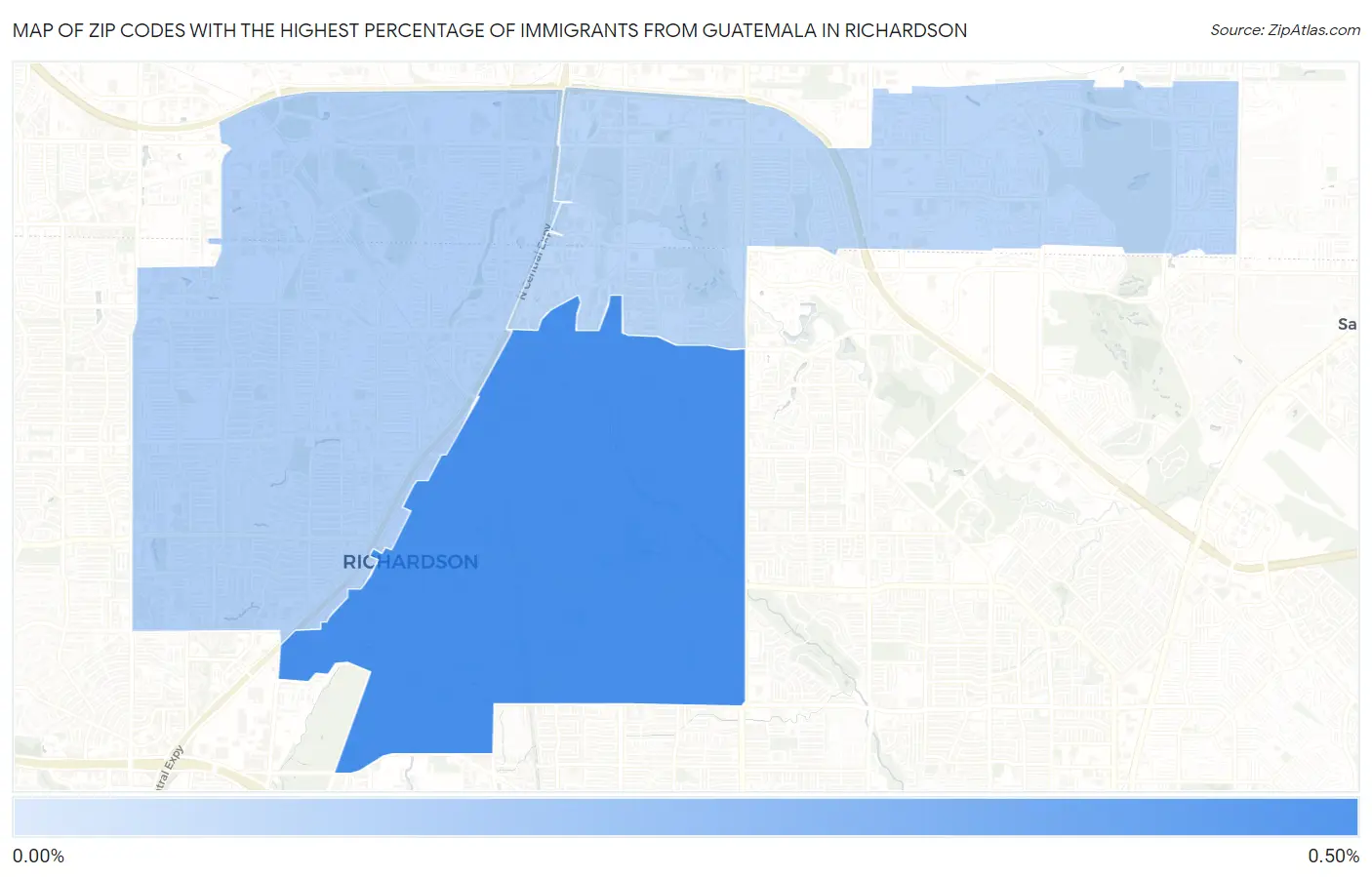 Zip Codes with the Highest Percentage of Immigrants from Guatemala in Richardson Map