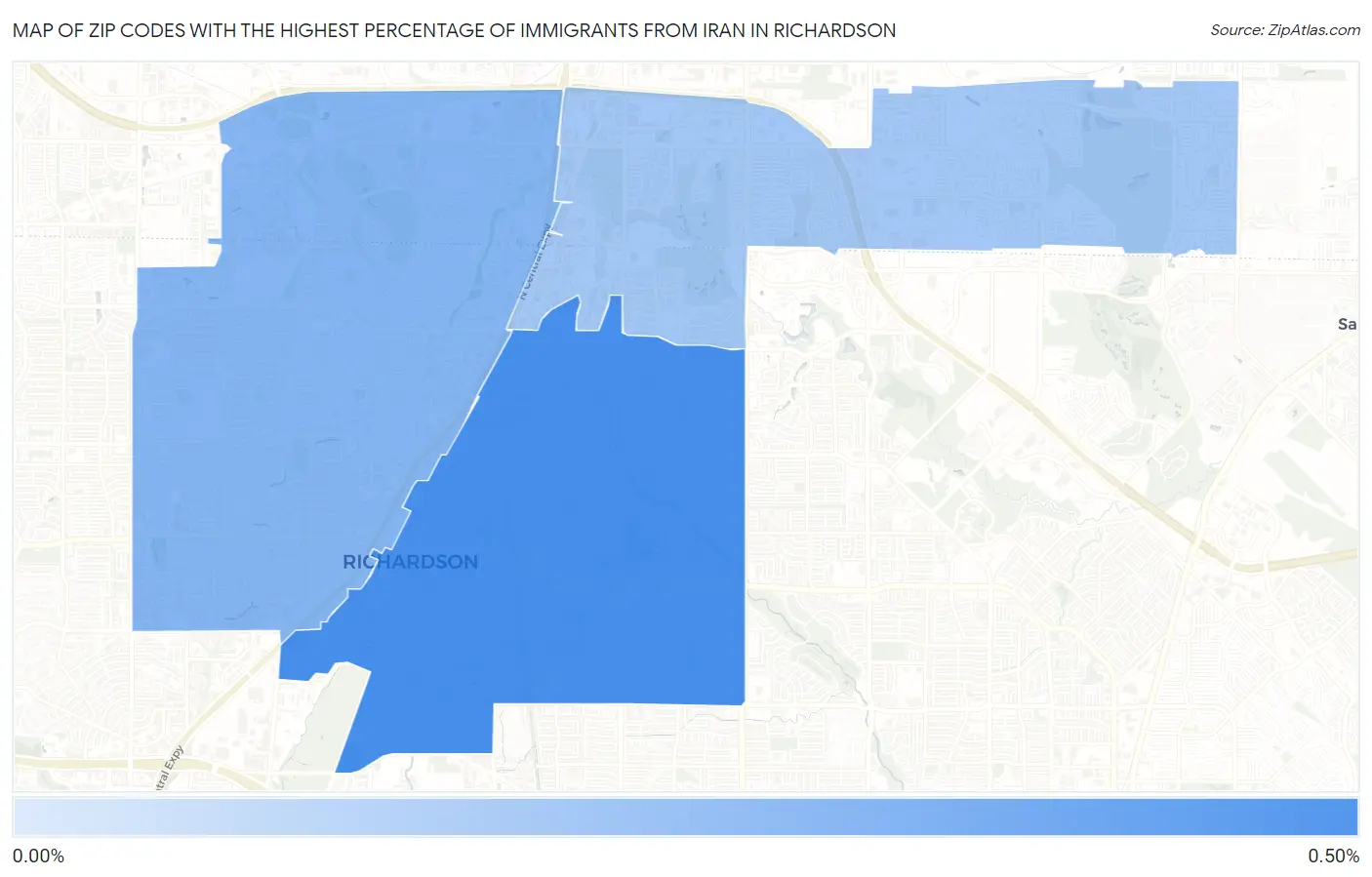 Zip Codes with the Highest Percentage of Immigrants from Iran in Richardson Map