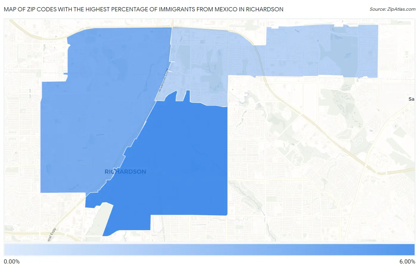 Zip Codes with the Highest Percentage of Immigrants from Mexico in Richardson Map
