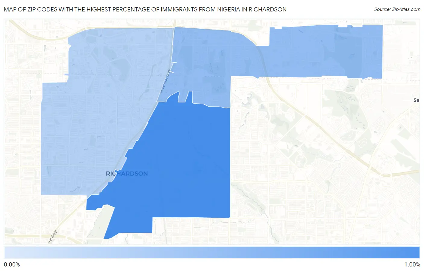 Zip Codes with the Highest Percentage of Immigrants from Nigeria in Richardson Map