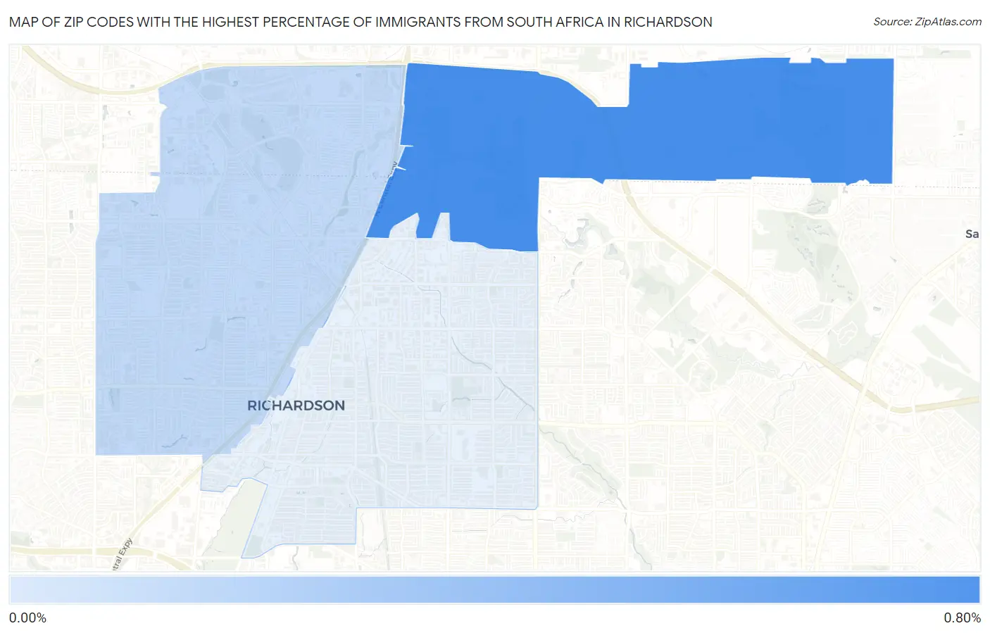 Zip Codes with the Highest Percentage of Immigrants from South Africa in Richardson Map