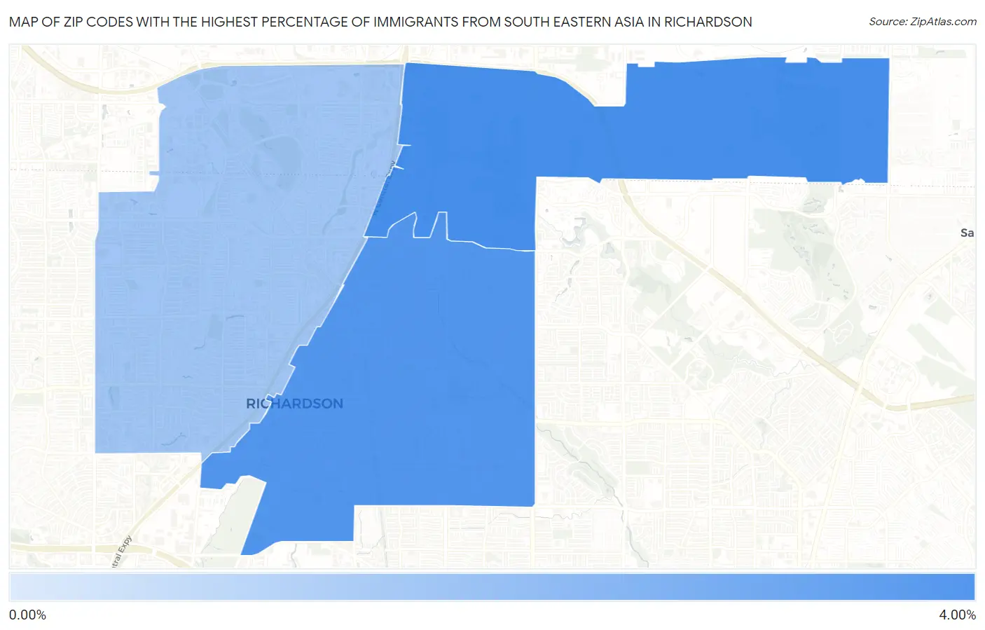 Zip Codes with the Highest Percentage of Immigrants from South Eastern Asia in Richardson Map