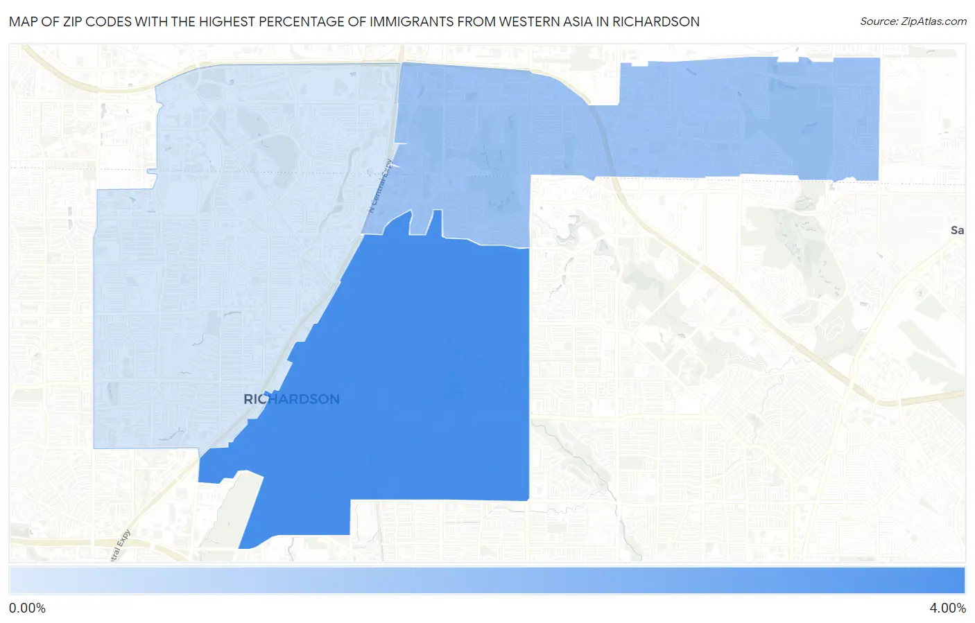 Zip Codes with the Highest Percentage of Immigrants from Western Asia in Richardson Map