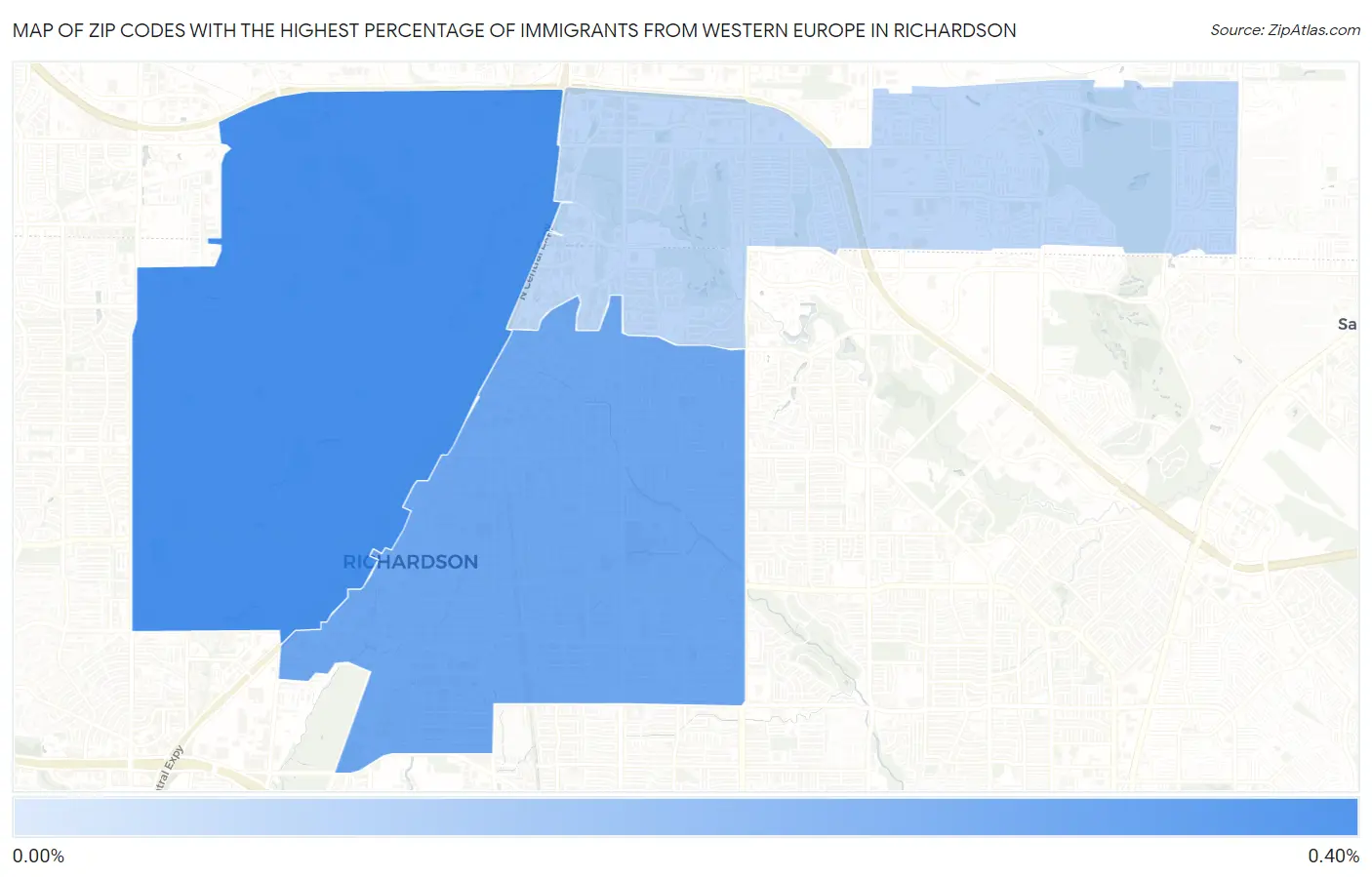 Zip Codes with the Highest Percentage of Immigrants from Western Europe in Richardson Map