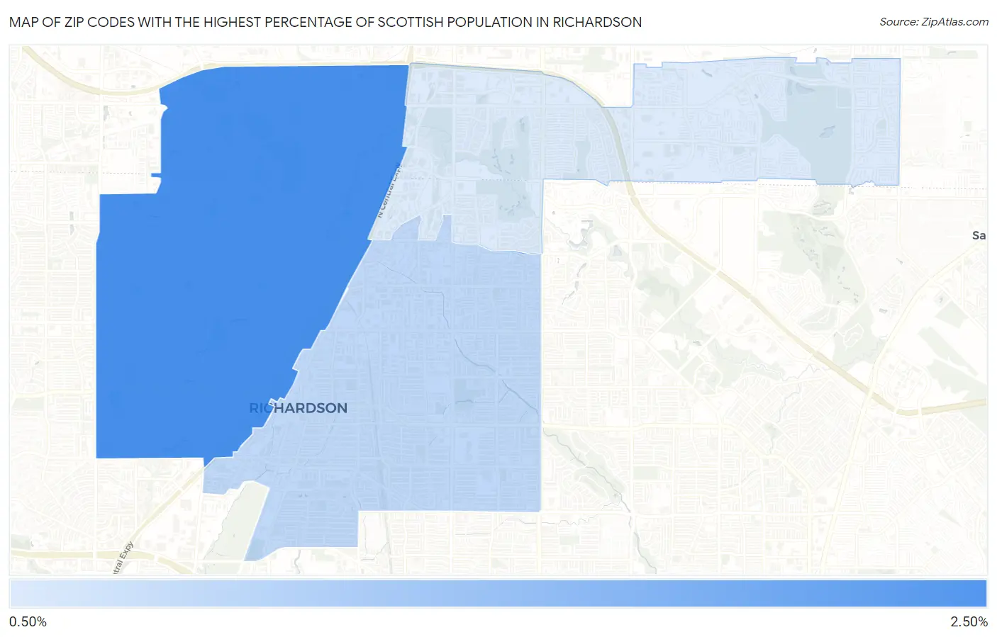 Zip Codes with the Highest Percentage of Scottish Population in Richardson Map