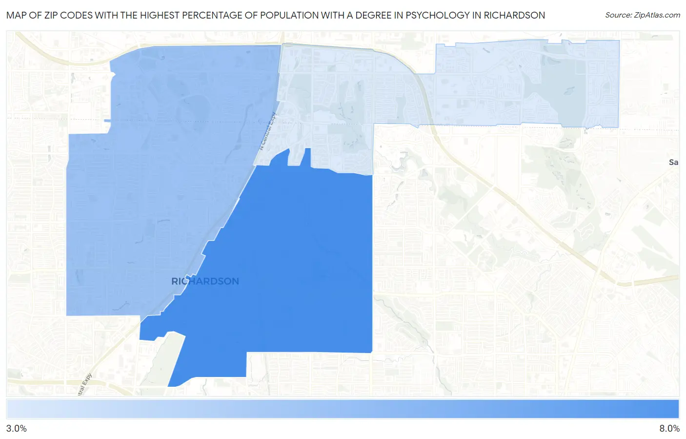 Zip Codes with the Highest Percentage of Population with a Degree in Psychology in Richardson Map