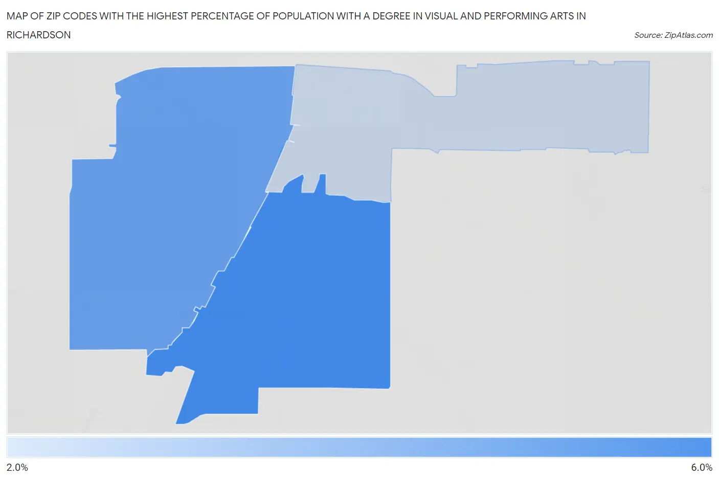 Zip Codes with the Highest Percentage of Population with a Degree in Visual and Performing Arts in Richardson Map