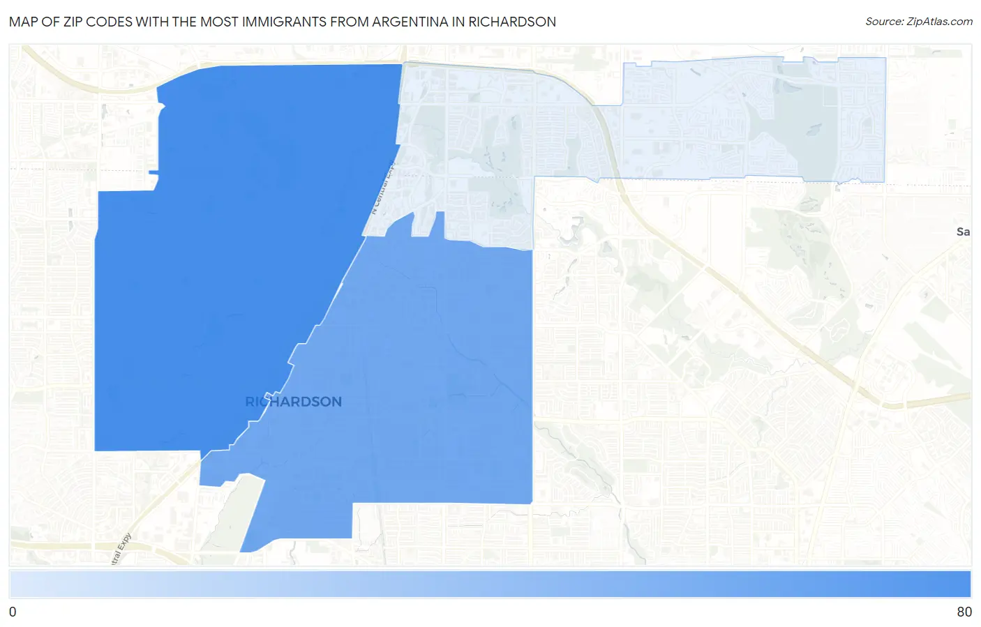 Zip Codes with the Most Immigrants from Argentina in Richardson Map